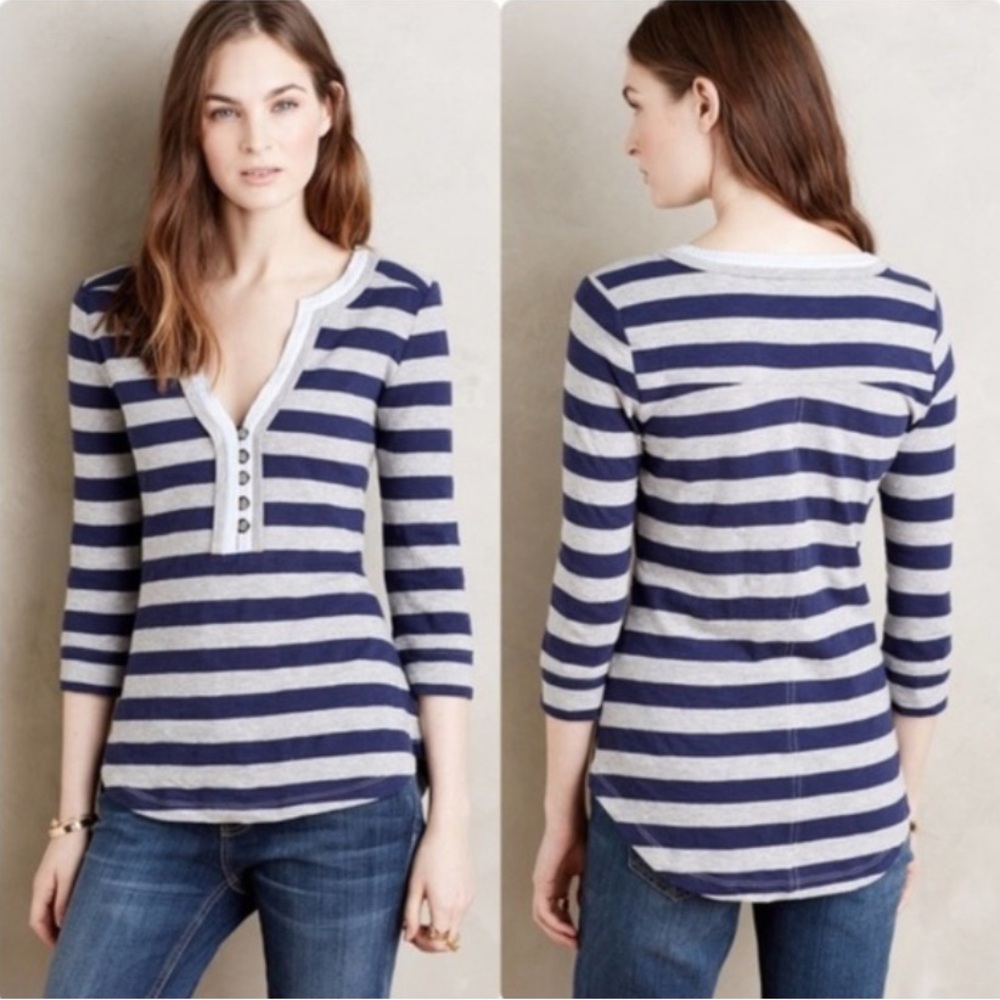 Little Yellow Button Anthropologie Navy Gray Striped Tee T Shirt Top Blouse L